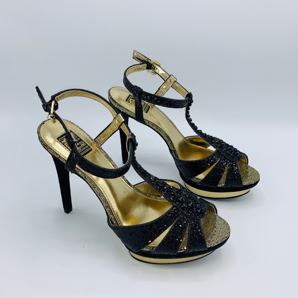 Falchi Natalie Women's Black/Gold Peep Toe Heels - Picture 3 of 6